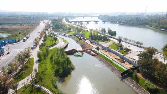 河边道路绿化景观航拍全景