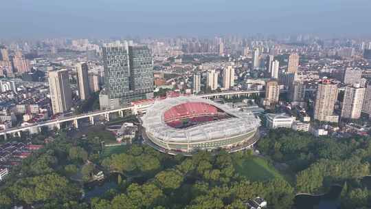 上海虹口足球场清晨航拍