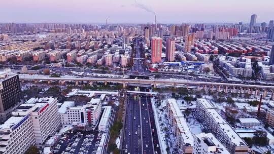 辽宁沈阳冬季城市道路航拍全景