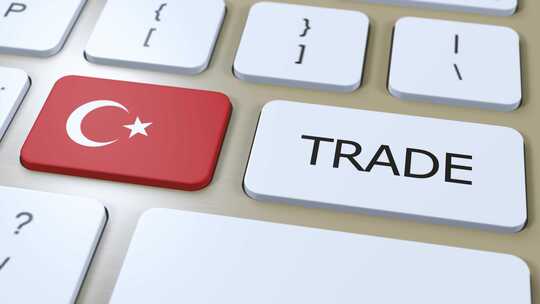 按钮3D动画上的土耳其国旗和贸易文本