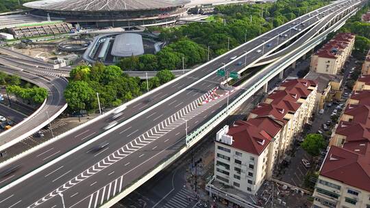 4K城市高架桥及周边建筑鸟瞰-航拍延时