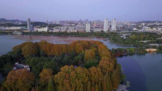 江苏南京玄武湖公园紫峰大厦日落夜景航拍