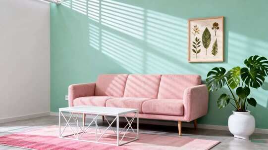 室内粉色沙发与绿植装饰场景