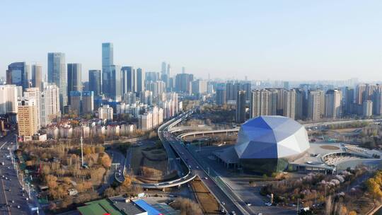 航拍沈阳市区盛京大剧院和现代城市风光