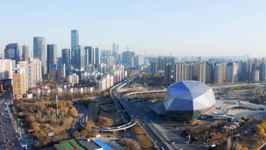 航拍沈阳市区盛京大剧院和现代城市风光视频素材模板下载