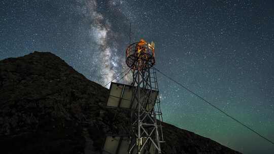 4K电塔电网下的夜晚银河星空