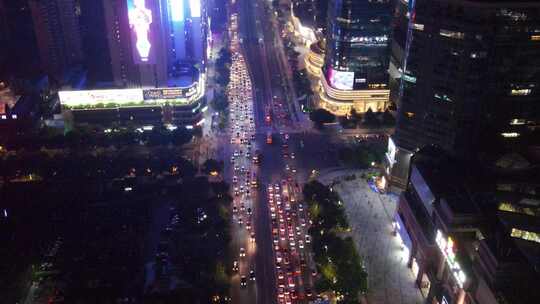 航拍广州天河区商圈十字路口交通夜景