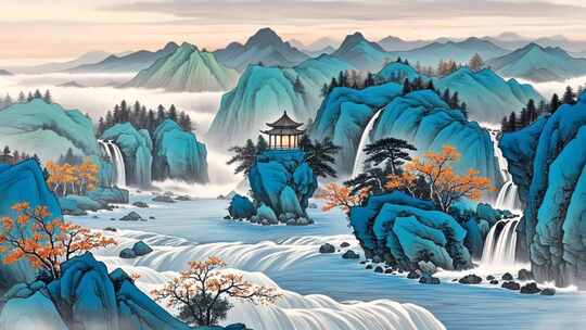 中式山水风景含亭台瀑布