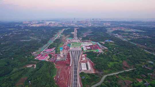 成都建设中的天府站兴隆湖科学城日出航拍