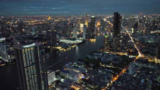 泰国曼谷湄南河城市高楼夜景航拍风光