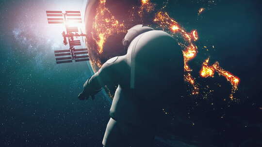 宇航员靠近旋转的地球对空间站