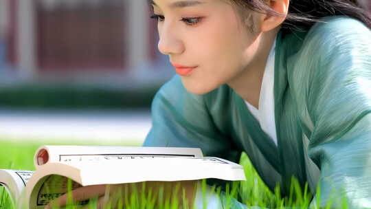 古装女子手持书卷阅读