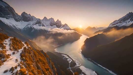 雪山日出河谷全景