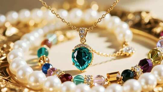 多彩宝石珍珠项链首饰特写