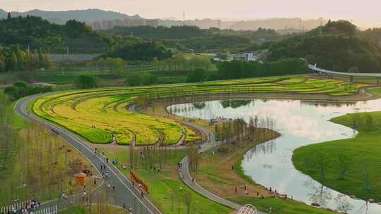 航拍宜昌卷桥河湿地公园日落风景