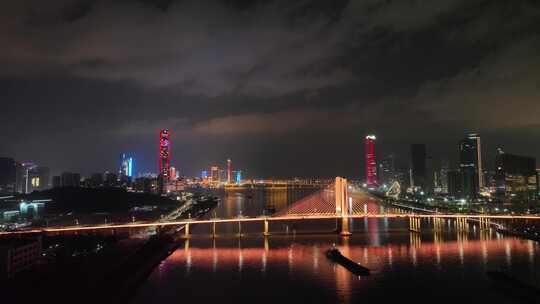 珠海夜景航拍横琴大桥夜晚城市建筑灯光风光