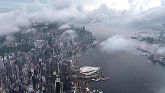 香港维多利亚港CBD中环日出高空航拍