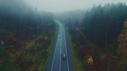 航拍行驶在秋冬森林的道路上