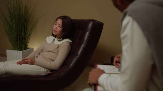 一个亚洲女孩和心理学家在心理治疗中谈论精神问题