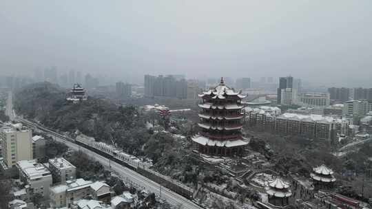 武汉武昌区黄鹤楼雪景航拍