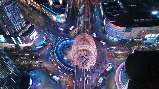 上海五角场商圈夜景航拍视频素材模板下载