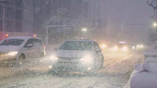 大雪纷飞下的车流