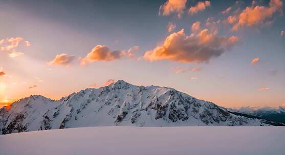 雪山云雾森林阳光树林远山峰大自然生态风景