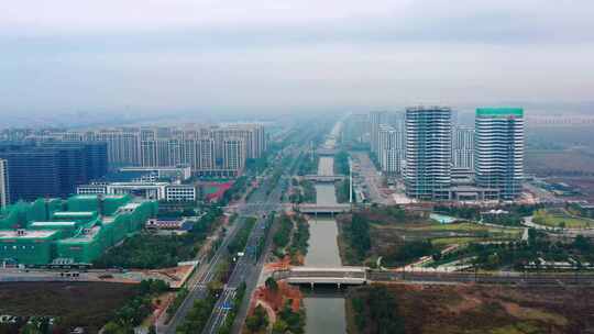 雾霾笼罩下的台州湾新区，城市雾霾中的建筑