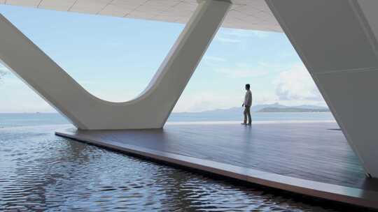 男子于现代建筑旁临海而立