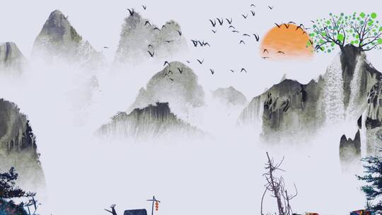 中国风水墨风景朝阳升起2K视频素材模板下载