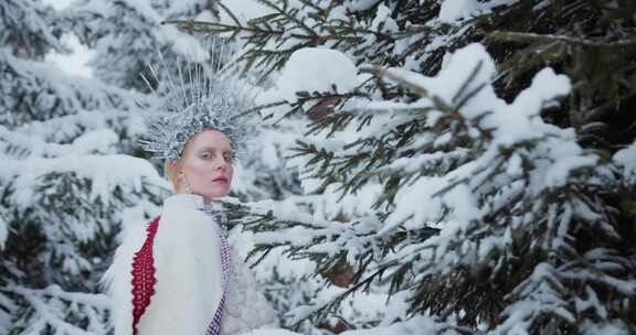 一个穿着雪皇后服装的女人站在白雪覆盖的树