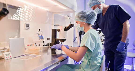胚胎学家在现代实验室环境中进行体外受精