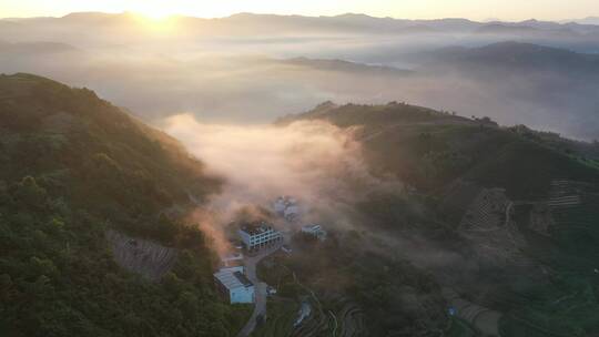 航拍清晨群山云雾缭绕可见高架桥