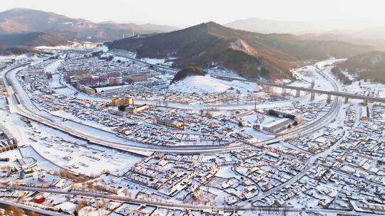 中国黑龙江冬季横道河子小镇雪乡航拍