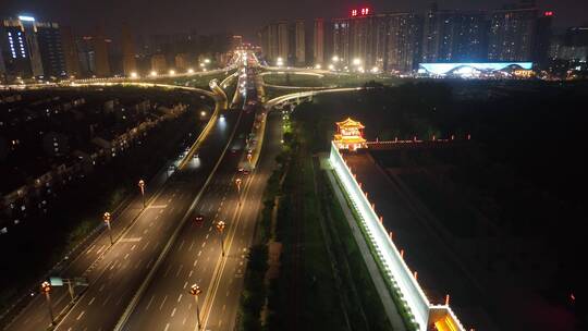 洛阳隋唐立交桥交通夜景航拍