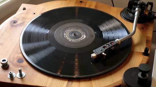 木质唱片机播放黑胶唱片