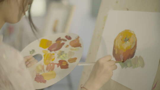女孩持调色板作画特写