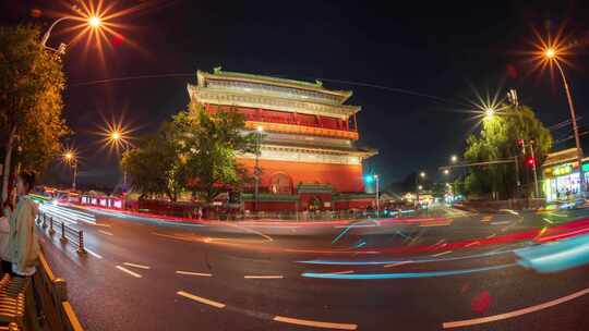 北京鼓楼夜景亮灯车流