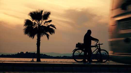 一位老人骑着自行车在海边散步的剪影