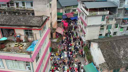 农村集贸市场菜市场农贸市场集市赶集航拍