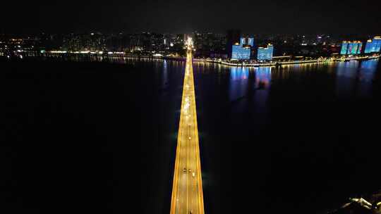 湖北襄阳襄樊长江大桥夜景交通航拍