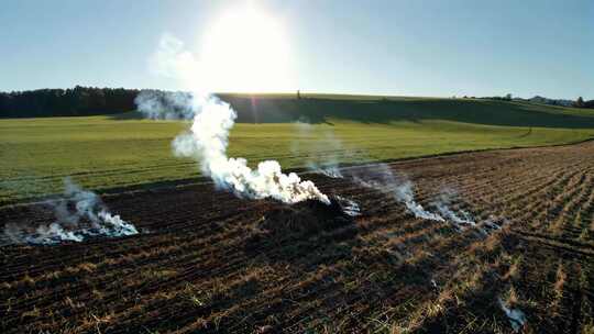 田野中秸秆焚烧场景