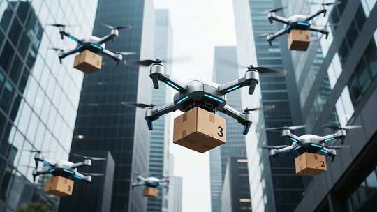 城市上空无人机运送货物