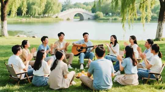 大学生操场户外活动弹吉他唱歌校园生活
