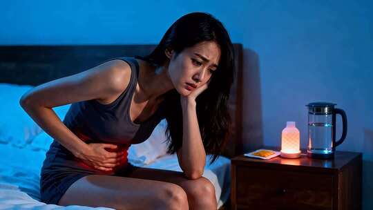 夜晚床上腹痛的年轻女性
