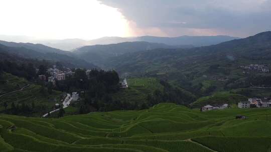 航拍贵州堂安侗寨侗族村落梯田大气景色