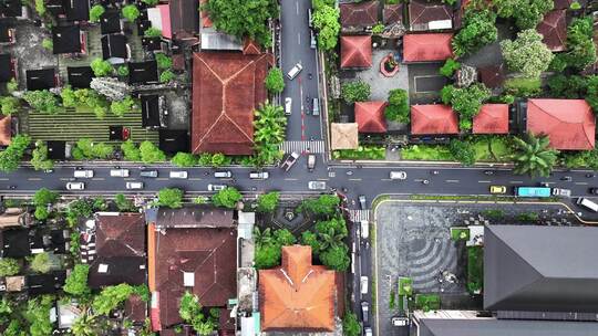 航拍印度尼西亚巴厘岛乌布街道