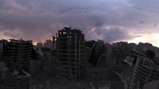 被导弹击中后被摧毁的建筑倒塌，鸟瞰