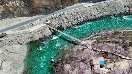 碧绿的河流穿过新疆杏花村 公路边鲜花盛开