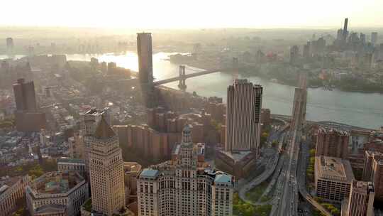 城市航拍纽约曼哈顿翠贝卡摩天大楼河流日出